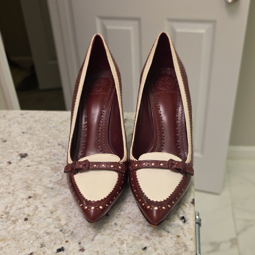 Tory Burch Cream and Brown Heels